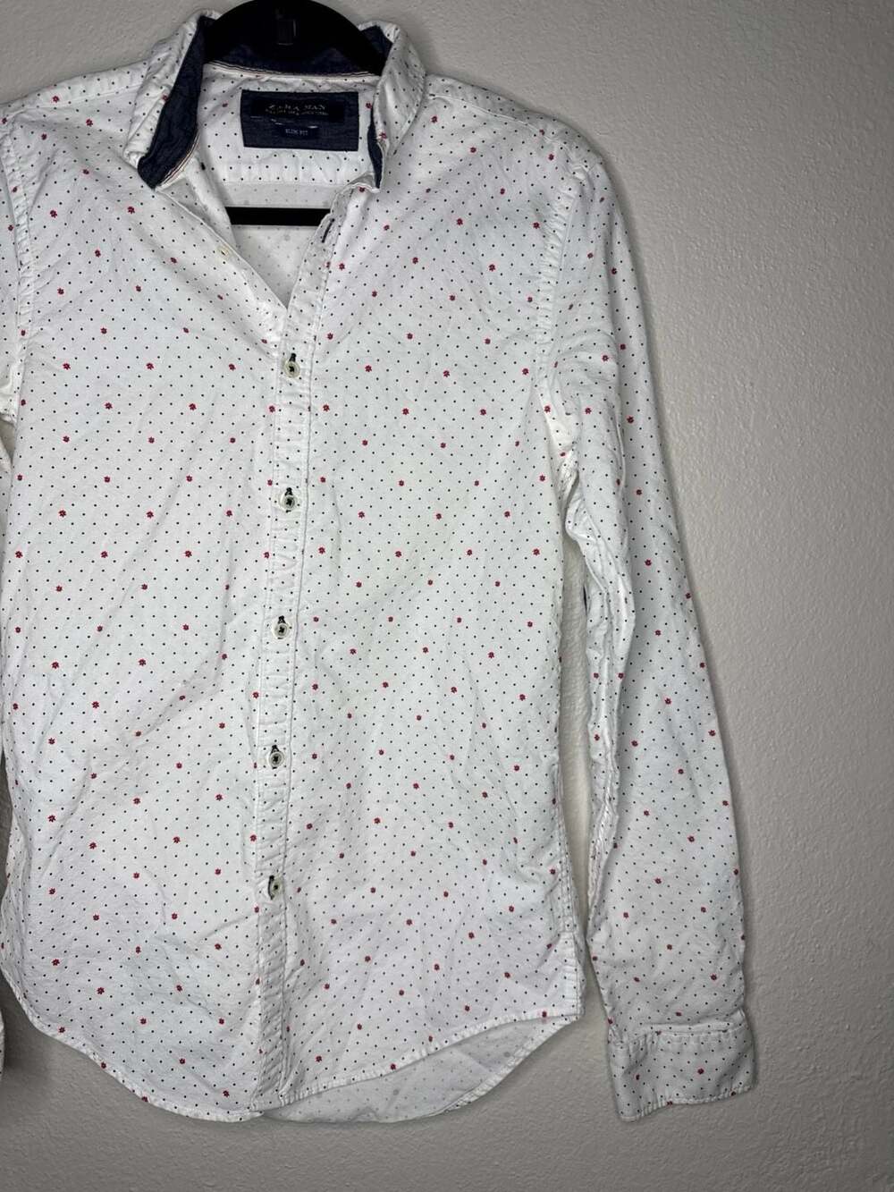 Zara Man Slim Fit White Red Dot Print Long Sleeve Button-Up Shirt with Elbow Pat